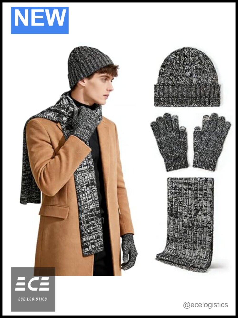 Unisex Winter Gloves Beanie Hat Scarf 3-Piece Set Touchscreen Fleece Lined Knit